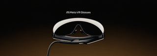 Meta VR Glasses 眼鏡型 VR 裝置，前方連著一條傳輸線，深色漸層背景